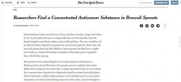Phát hiện mới về hàm lượng chất chống ung thư trong mầm bông cải xanh (NYT 1997)